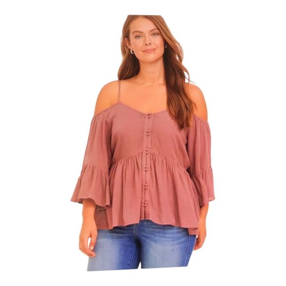 Torrid Top Size 2X Babydoll Rayon Crepe Cold Shoulder Long Bell Sleeves Walnut - Picture 1 of 15